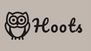 Logo with an owl illustration and the word 'Hoots' on a beige background